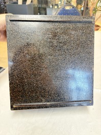 A Japanese mother-of-pearl-inlaid lacquer five-tier stacking box with two covers and a tray, 19/20th C.