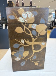 A Japanese mother-of-pearl-inlaid lacquer five-tier stacking box with two covers and a tray, 19/20th C.