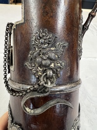 Two Vietnamese waterpipes in wood, silver and metal, one with mother-of-pearl inlay, 19th C.
