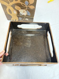 A Japanese mother-of-pearl-inlaid lacquer five-tier stacking box with two covers and a tray, 19/20th C.