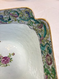 Two Chinese Canton famille verte serving dishes, a square bowl and stand with figural design, 19th C.