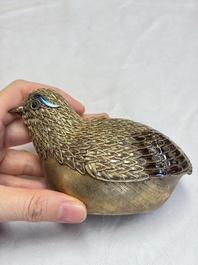 A pair of Chinese enamelled gilt-silver quail-form boxes and covers, 19/20th C.