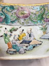 Two Chinese Canton famille verte serving dishes, a square bowl and stand with figural design, 19th C.