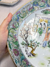 Two Chinese Canton famille verte serving dishes, a square bowl and stand with figural design, 19th C.