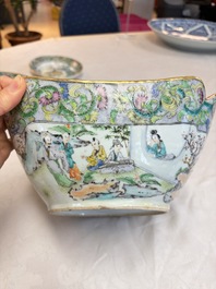 Two Chinese Canton famille verte serving dishes, a square bowl and stand with figural design, 19th C.