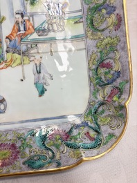 Two Chinese Canton famille verte serving dishes, a square bowl and stand with figural design, 19th C.