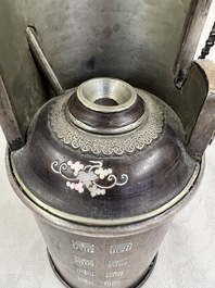 Two Vietnamese waterpipes in wood, silver and metal, one with mother-of-pearl inlay, 19th C.