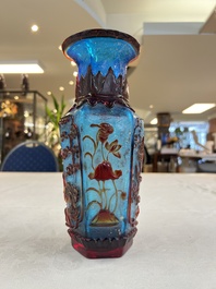 A Chinese red-overlay blue glass 'Cranes' hexagonal vase, Qianlong mark and of the period