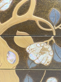 A Japanese mother-of-pearl-inlaid lacquer five-tier stacking box with two covers and a tray, 19/20th C.