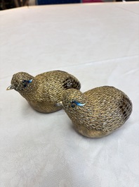 A pair of Chinese enamelled gilt-silver quail-form boxes and covers, 19/20th C.