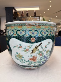A Chinese famille verte black-ground jardini&egrave;re with birds, antiquities and flowers, 19th C.