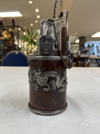 Two Vietnamese waterpipes in wood, silver and metal, one with mother-of-pearl inlay, 19th C.