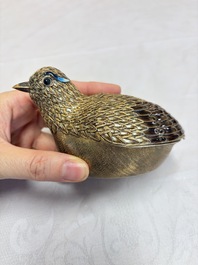 A pair of Chinese enamelled gilt-silver quail-form boxes and covers, 19/20th C.