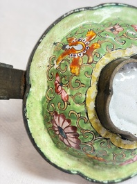 A Chinese celadon jade belt hook mounted as a handle on a Canton enamel bowl, Qing