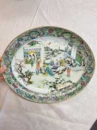 Two Chinese Canton famille verte serving dishes, a square bowl and stand with figural design, 19th C.