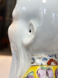 Three Chinese famille rose 'Three Star Gods' figures, Mao Jisheng 茂記生 and Ding Yisheng 丁義盛 marks, Republic
