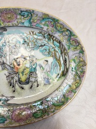 Two Chinese Canton famille verte serving dishes, a square bowl and stand with figural design, 19th C.
