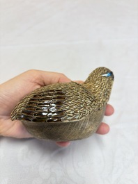 A pair of Chinese enamelled gilt-silver quail-form boxes and covers, 19/20th C.