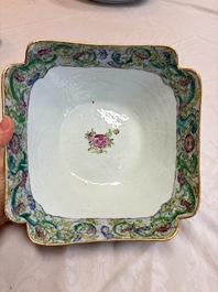Two Chinese Canton famille verte serving dishes, a square bowl and stand with figural design, 19th C.