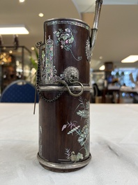 Two Vietnamese waterpipes in wood, silver and metal, one with mother-of-pearl inlay, 19th C.