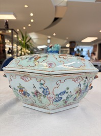 A Chinese Canton famille rose hexagonal tureen and cover, Qianlong