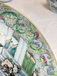 Two Chinese Canton famille verte serving dishes, a square bowl and stand with figural design, 19th C.