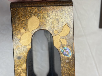 A Japanese mother-of-pearl-inlaid lacquer five-tier stacking box with two covers and a tray, 19/20th C.