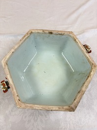 A Chinese Canton famille rose hexagonal tureen and cover, Qianlong