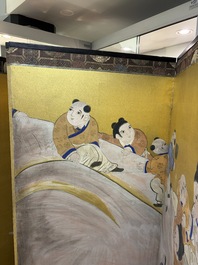 A Japanese six-panel folding screen or byōbu depicting children playing with an elephant, ink, colour and gold leaf on paper, Meiji, 19th C.