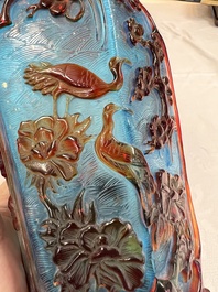 A Chinese red-overlay blue glass 'Cranes' hexagonal vase, Qianlong mark and of the period