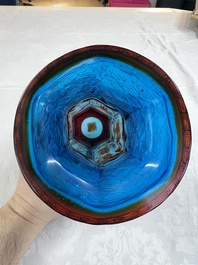A Chinese red-overlay blue glass 'Cranes' hexagonal vase, Qianlong mark and of the period