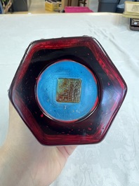 A Chinese red-overlay blue glass 'Cranes' hexagonal vase, Qianlong mark and of the period