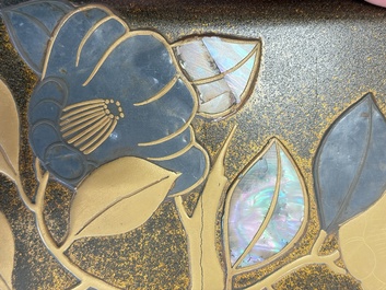 A Japanese mother-of-pearl-inlaid lacquer five-tier stacking box with two covers and a tray, 19/20th C.