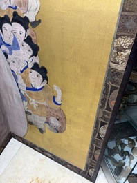 A Japanese six-panel folding screen or byōbu depicting children playing with an elephant, ink, colour and gold leaf on paper, Meiji, 19th C.