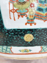 A Chinese famille verte black-ground jardini&egrave;re with birds, antiquities and flowers, 19th C.