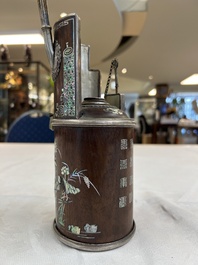 Two Vietnamese waterpipes in wood, silver and metal, one with mother-of-pearl inlay, 19th C.