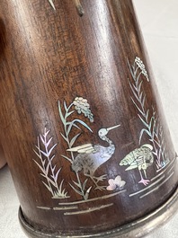 Two Vietnamese waterpipes in wood, silver and metal, one with mother-of-pearl inlay, 19th C.