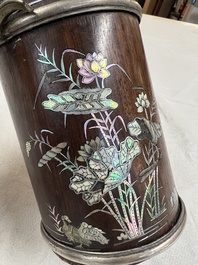 Two Vietnamese waterpipes in wood, silver and metal, one with mother-of-pearl inlay, 19th C.