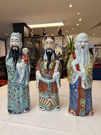Three Chinese famille rose 'Three Star Gods' figures, Mao Jisheng 茂記生 and Ding Yisheng 丁義盛 marks, Republic
