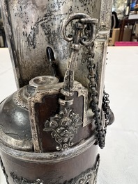 Two Vietnamese waterpipes in wood, silver and metal, one with mother-of-pearl inlay, 19th C.