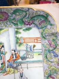 Two Chinese Canton famille verte serving dishes, a square bowl and stand with figural design, 19th C.