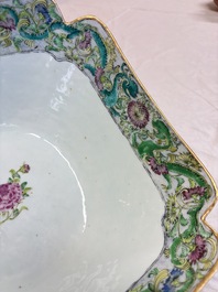 Two Chinese Canton famille verte serving dishes, a square bowl and stand with figural design, 19th C.
