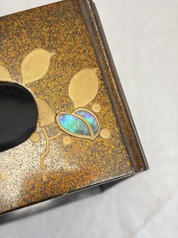 A Japanese mother-of-pearl-inlaid lacquer five-tier stacking box with two covers and a tray, 19/20th C.
