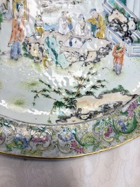 Two Chinese Canton famille verte serving dishes, a square bowl and stand with figural design, 19th C.