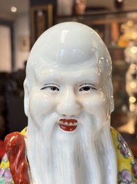 Three Chinese famille rose 'Three Star Gods' figures, Mao Jisheng 茂記生 and Ding Yisheng 丁義盛 marks, Republic