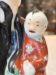 Three Chinese famille rose 'Three Star Gods' figures, Mao Jisheng 茂記生 and Ding Yisheng 丁義盛 marks, Republic