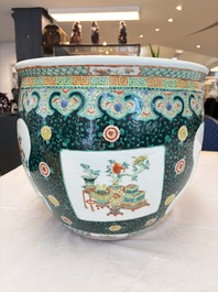 A Chinese famille verte black-ground jardini&egrave;re with birds, antiquities and flowers, 19th C.