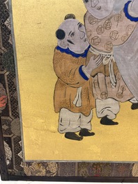 A Japanese six-panel folding screen or byōbu depicting children playing with an elephant, ink, colour and gold leaf on paper, Meiji, 19th C.