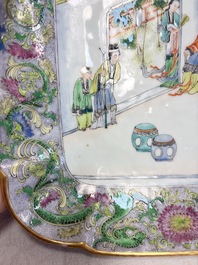 Two Chinese Canton famille verte serving dishes, a square bowl and stand with figural design, 19th C.