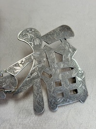 A Chinese enamelled silver 'Dragon' napkin ring, a pair of silver buckles and a pair of cloisonn&eacute; buckles, 19/20th C.